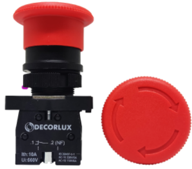 BOTÃO DE COMANDO, COGUMELO, TRAVA E GIRO PARA DESTRAVAR, PLÁSTICO, 220VAC 5A, 1NF, Ø40MM, COR VERM