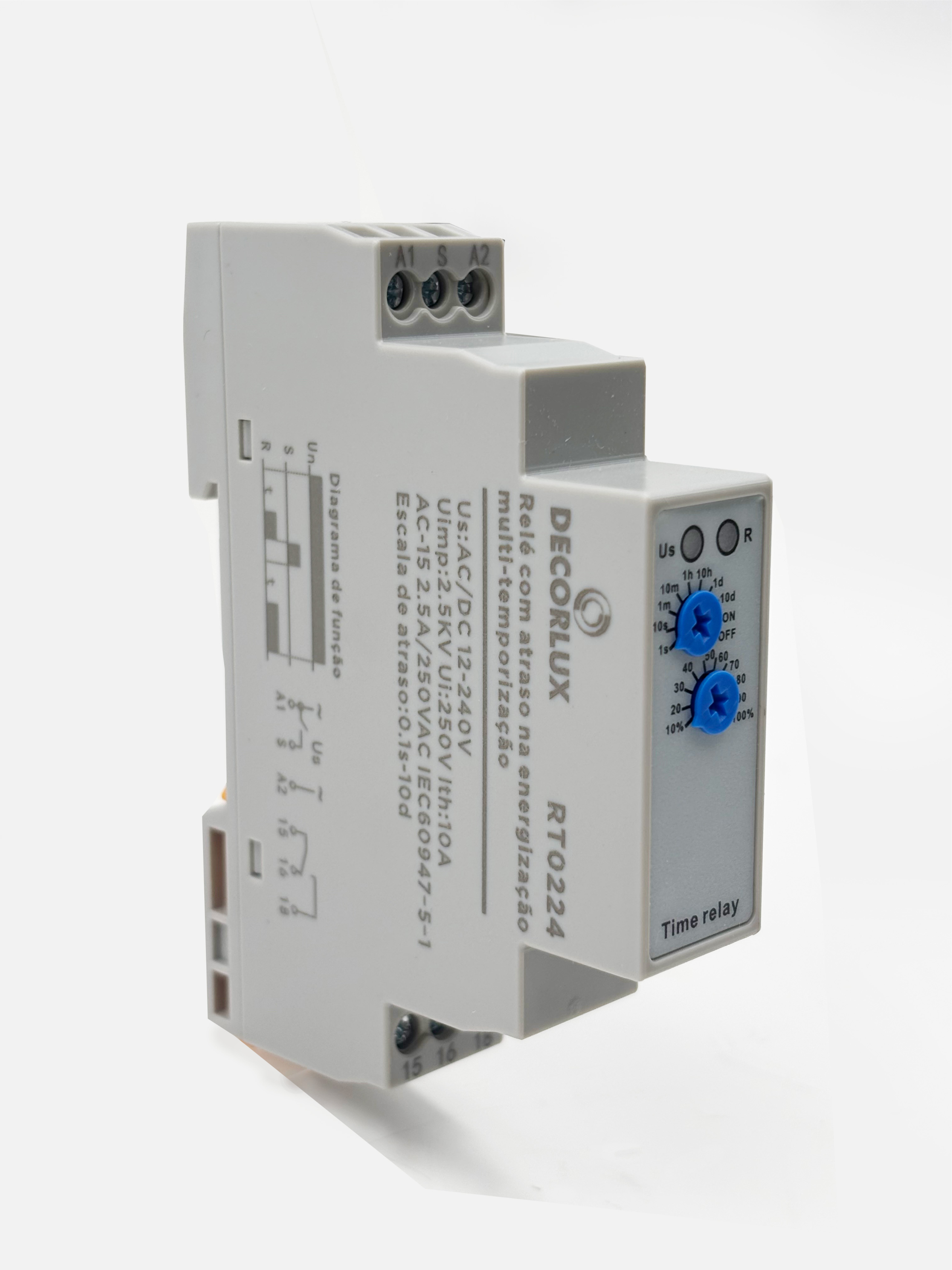 RELÉ COM ATRASO NA ENERGIZAÇÃO, MUTI-TEMPORIZAÇÃO, 12V-240V AC/DC, 10A, COR BRANCO (CX 1UN)