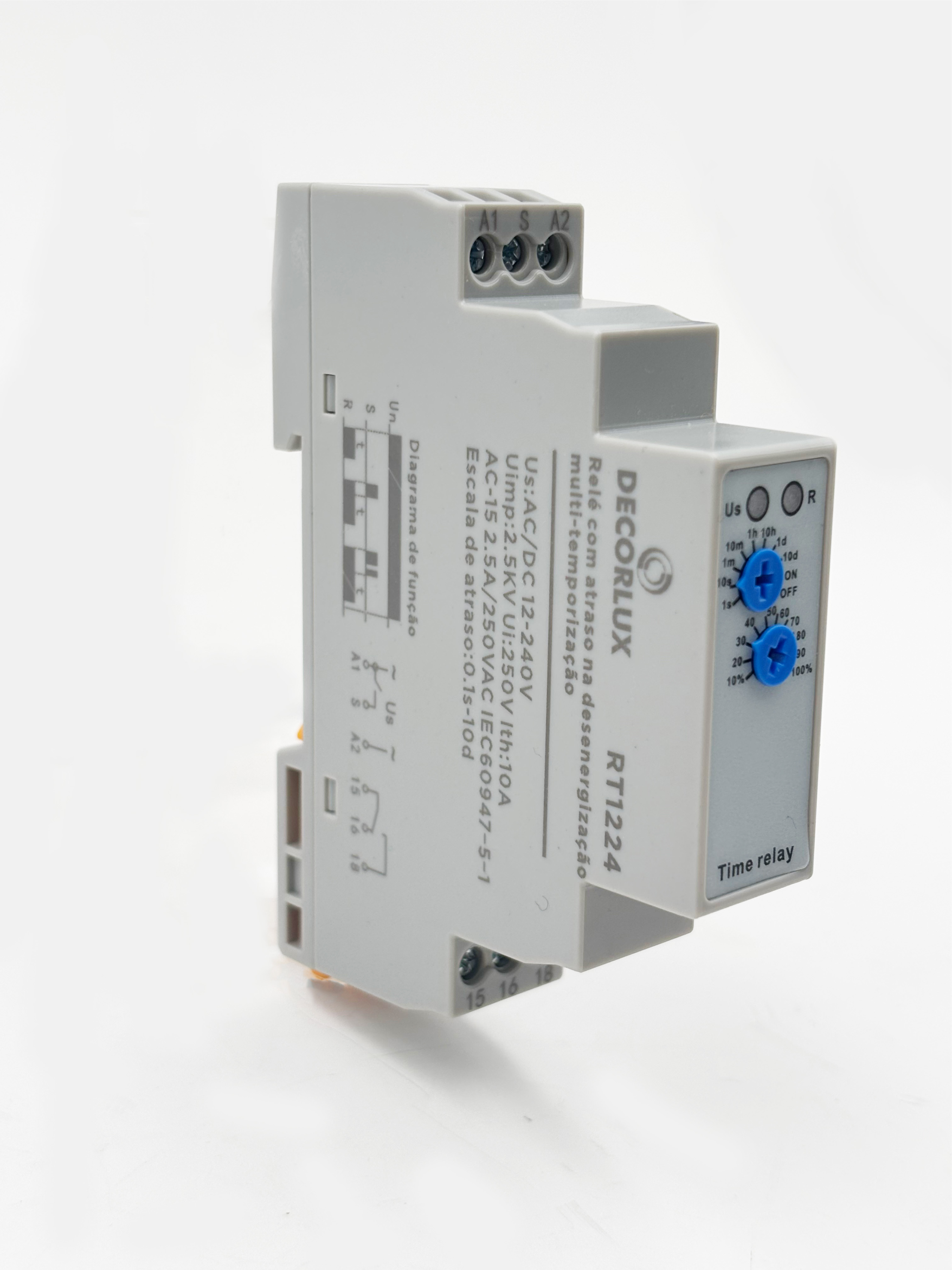 RELÉ COM ATRASO NA DESENERGIZAÇÃO, MUTI-TEMPORIZAÇÃO, 12V-240V AC/DC, 10A, COR BRANCO (CX 1UN)