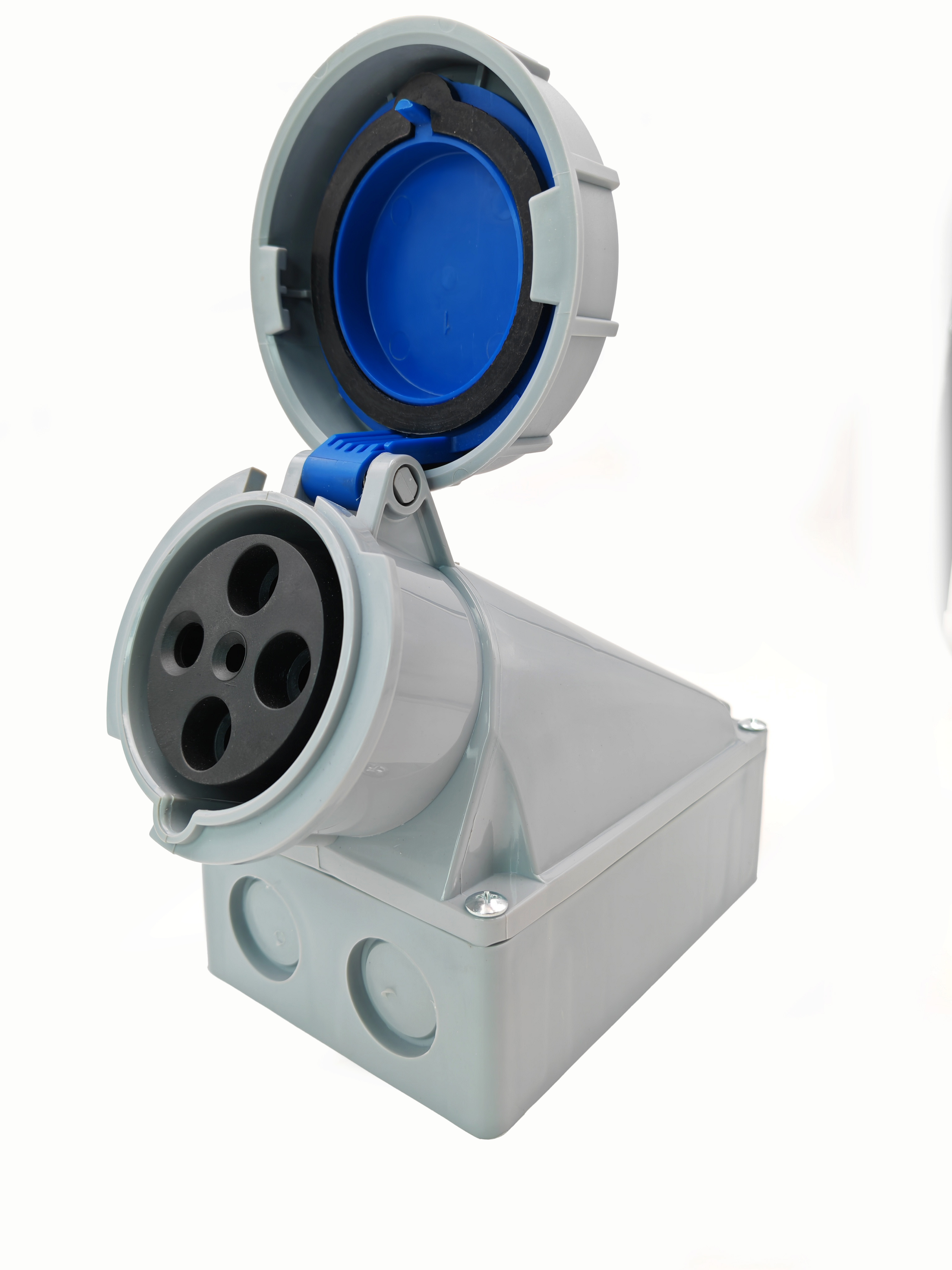 TOMADA INDUSTRIAL SOBREPOR, PLÁSTICO, 63A 220~240V, 3P+T, 9H, IP67, COR AZUL, (PCTE 1UN)